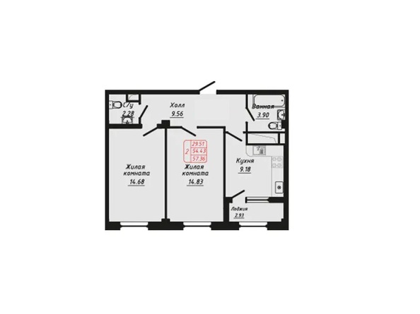 Планировка 2-комн 57,36 м²