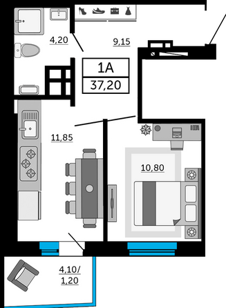 Планировка 1-комн 36,85, 37,2 м²