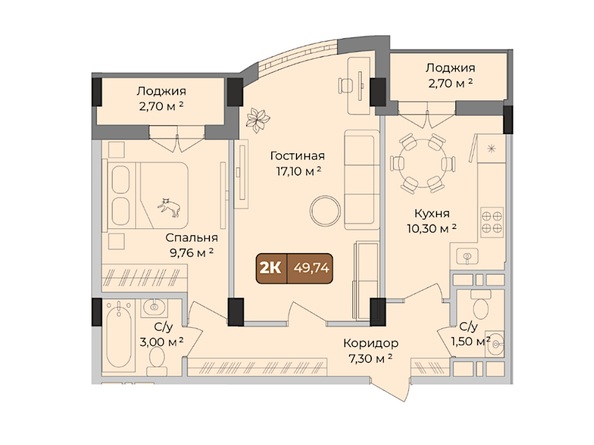 Планировка 2-комн 49,74 м²