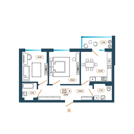 Планировка 2-комн 57,94 м²