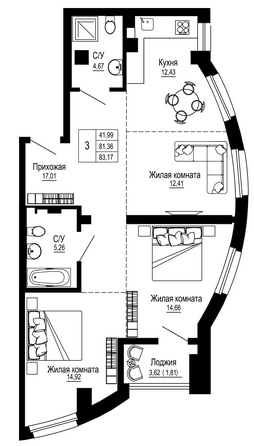 Планировка 3-комн 83,28 м²