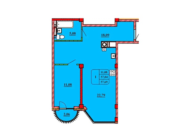 Планировка 1-комн 57,69 м²
