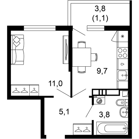 Планировка 1-комн 30,7 м²