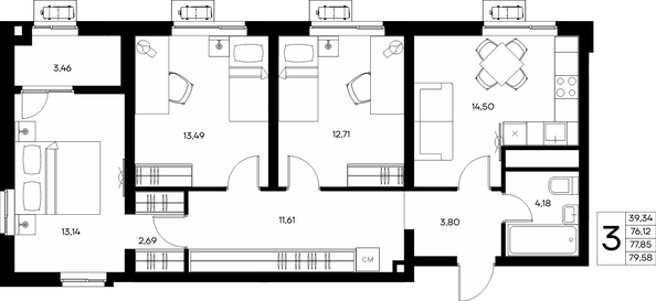 Планировка 3-комн 79,58 м²