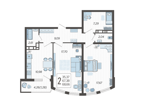 Планировка 2-комн 68,66 м²