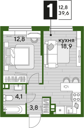 Планировка 1-комн 39,6 м²