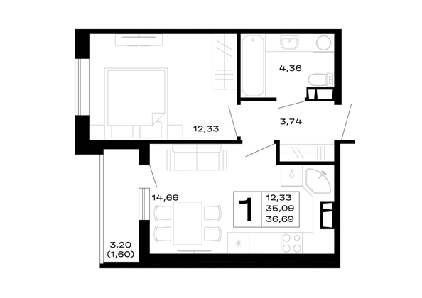 Планировка 1-комн 36,69 м²