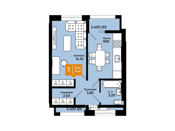 Планировка 1-комн 34,6 м²