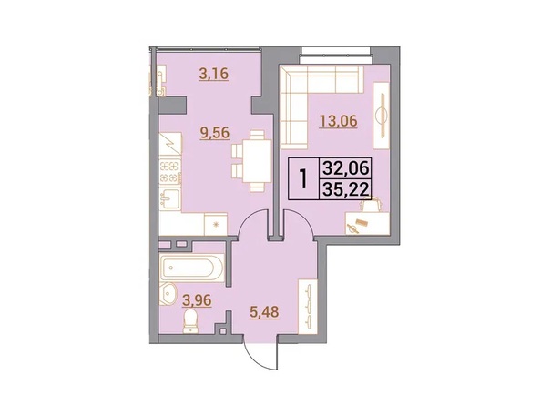 Планировка 1-комн 34,86, 35,22 м²
