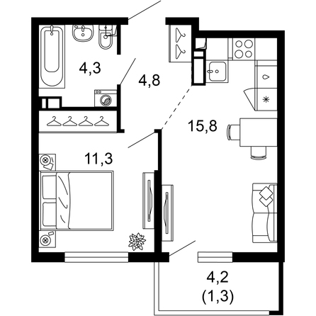 Планировка 1-комн 37,5 м²