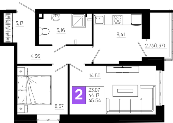 Планировка 2-комн 45,54 м²