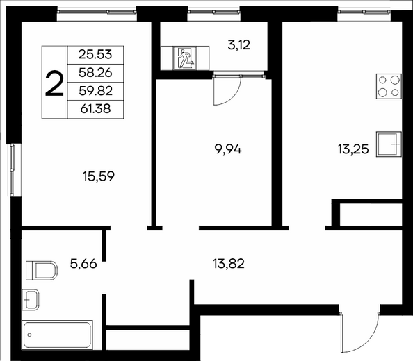 Планировка 2-комн 61,38 - 61,93 м²
