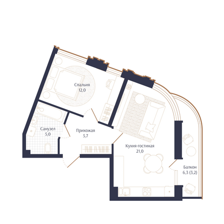 Планировка 1-комн 46,9 м²