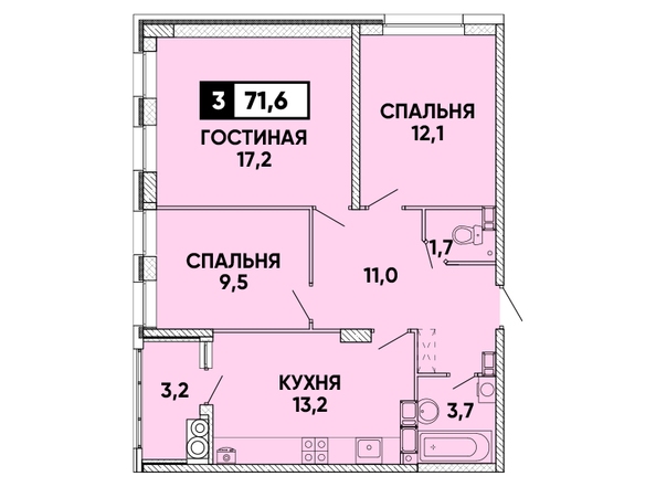 Планировка 3-комн 71,6 м²