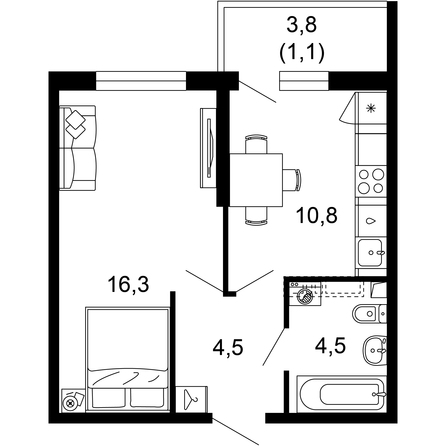 Планировка 1-комн 37,2 м²