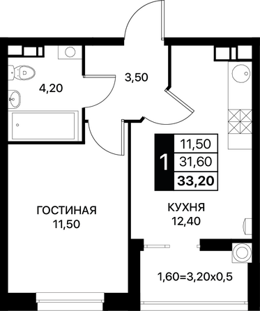 Планировка 1-комн 31,3 - 32,4 м²