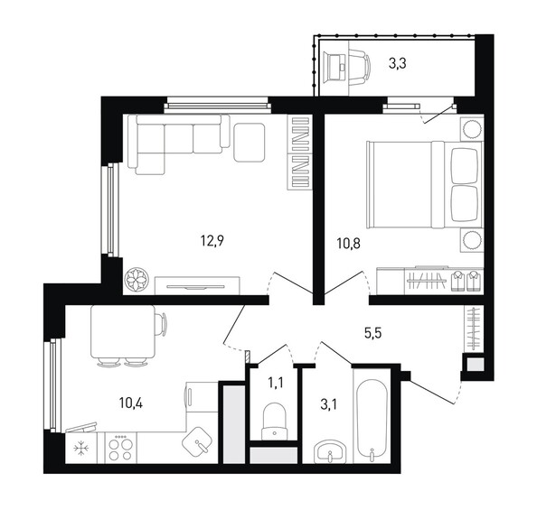 Планировка 2-комн 45,5, 45,6 м²