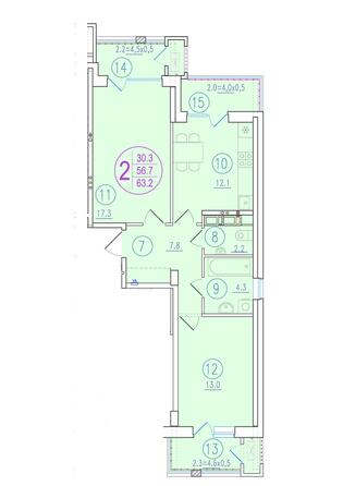 Планировка 2-комн 63,2, 63,8 м²