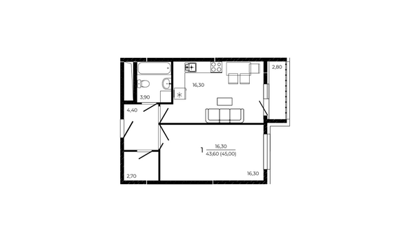Планировка 1-комн 45 м²