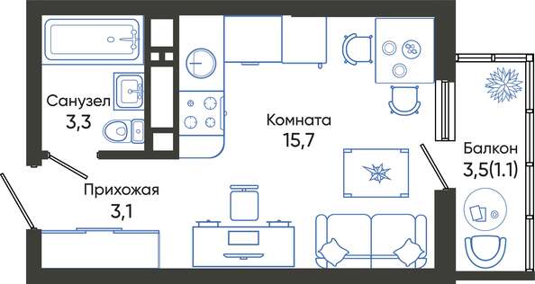 Планировка Студия 23,2, 23,4 м²