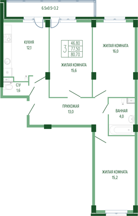 Планировка 3-комн 80,7 м²