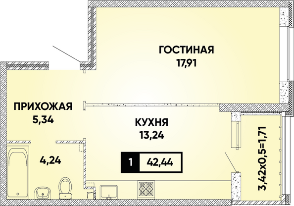 Планировка 1-комн 42,44 м²