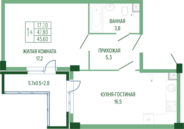 Планировка 1-комн 45,6, 46,5 м²