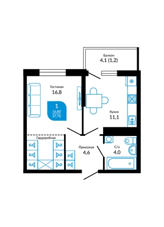 Планировка 1-комн 37,7 м²