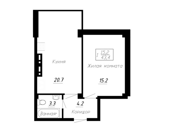 Планировка 1-комн 43,4 м²