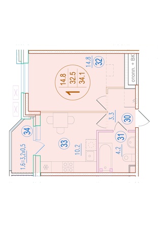 Планировка 1-комн 34,1 м²