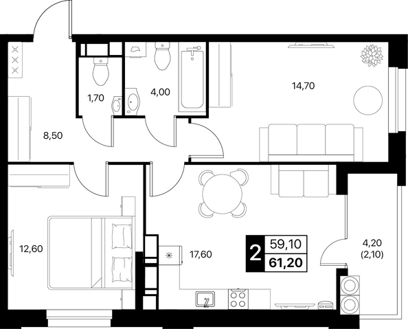 Планировка 2-комн 61,2 - 61,8 м²
