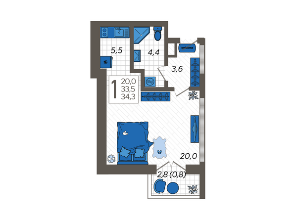 Планировка 1-комн 34,3 м²