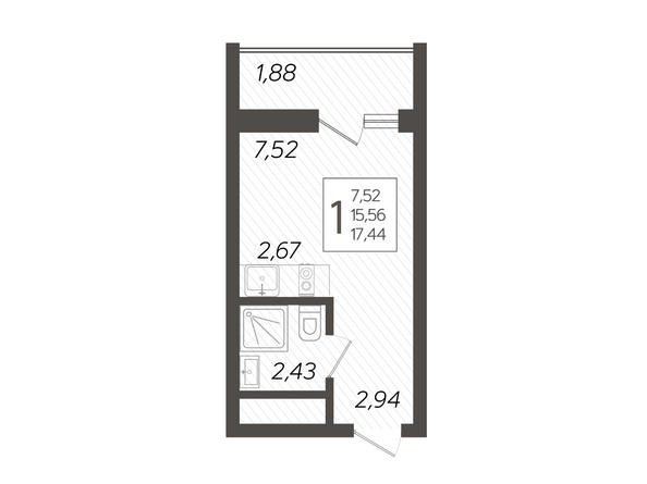 Планировка 1-комн 17,44 м²