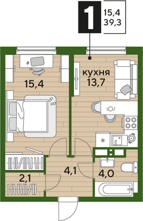 Планировка 1-комн 39,3 м²