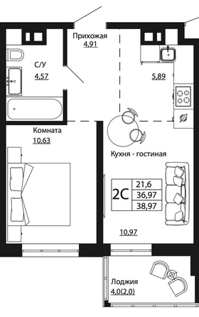 Планировка 2-комн 38,97 м²