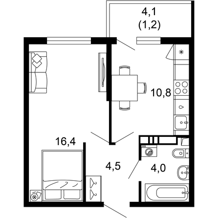 Планировка 1-комн 36,8, 36,9 м²