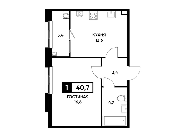 Планировка 1-комн 40,7 м²