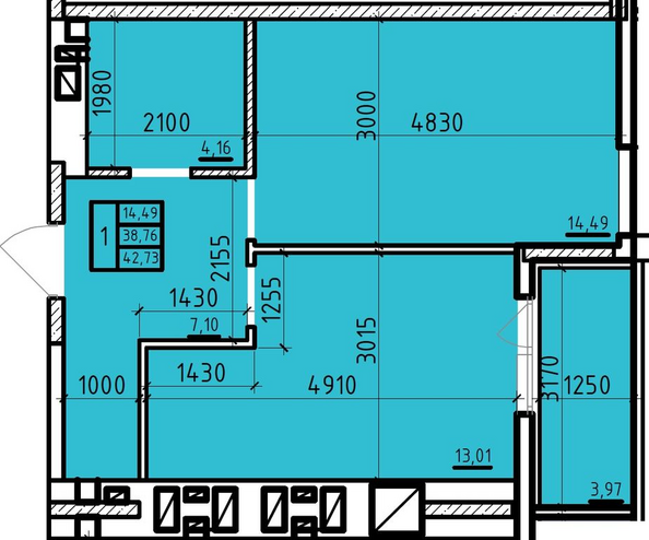 Планировка 1-комн 42,73 м²