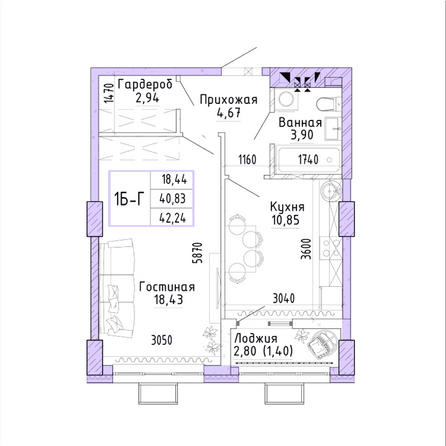 Планировка 1-комн 42,24 м²