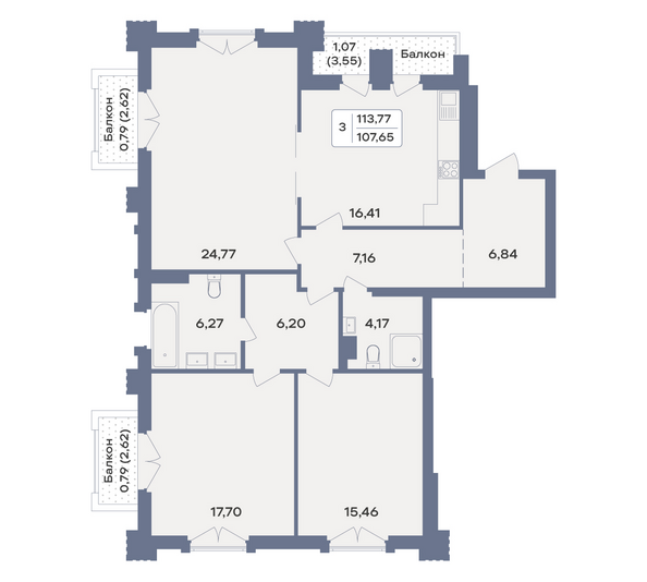 Планировка 3-комн 113,77 м²