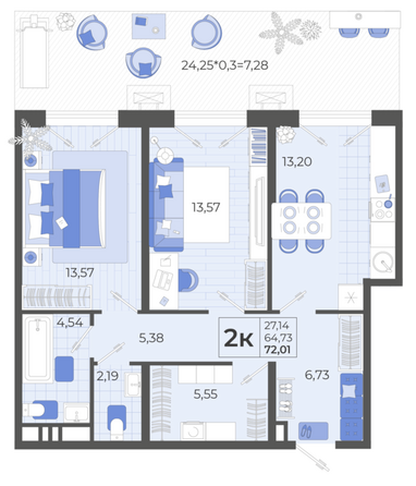Планировка 2-комн 72,01 м²