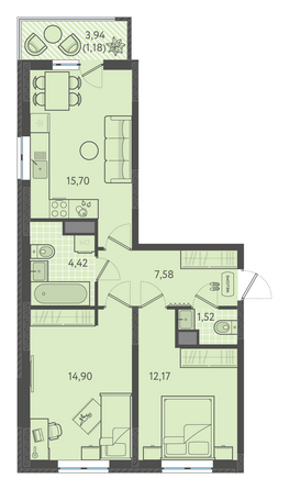 Планировка 2-комн 57,23 - 57,63 м²