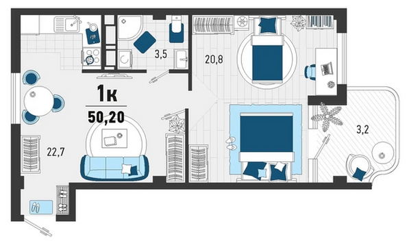 Планировка 1-комн 50,2 м²