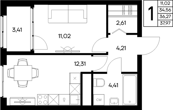 Планировка 1-комн 37,97 м²