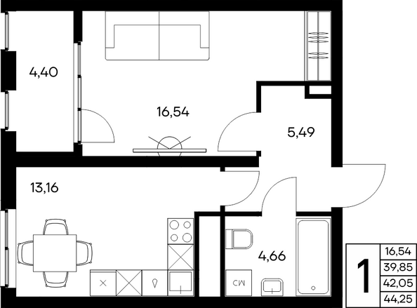 Планировка 1-комн 44,27 м²