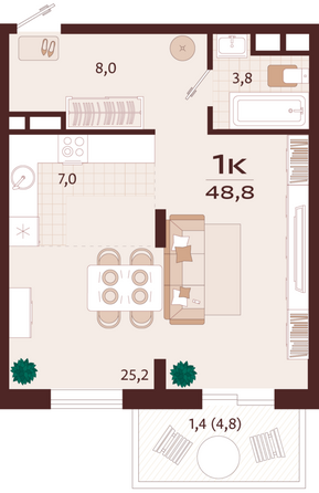 Планировка 1-комн 48,8 м²