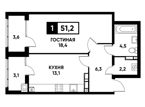 Планировка 1-комн 51,2 м²