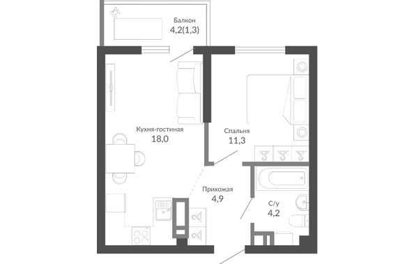 Планировка 1-комн 39,7 м²