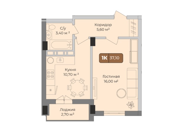 Планировка 1-комн 37,1 м²