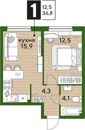 Планировка 1-комн 36,8 м²